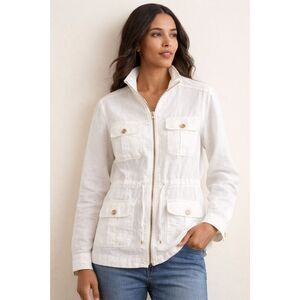 Women’s white zip-front utility jacket – Linen blend – Size XL